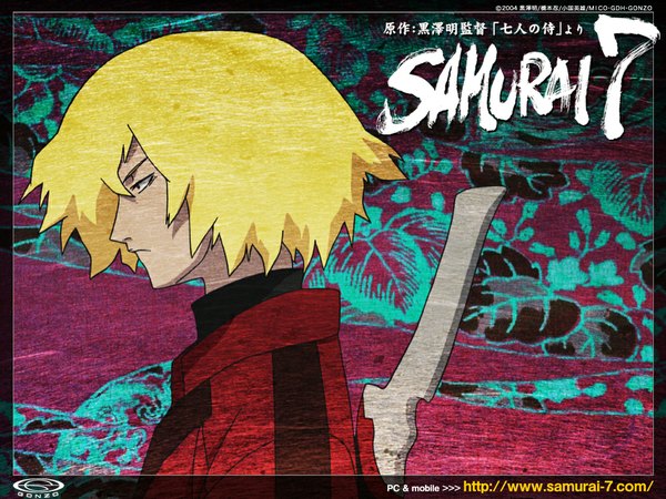 Anime picture 1024x768 with samurai 7 gonzo kyuzo single short hair blonde hair profile framed boy weapon sword katana