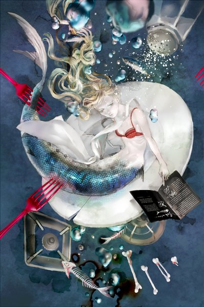 Anime picture 1000x1500 with original sitry tall image blonde hair tail very long hair aqua eyes underwater skeleton bone (bones) girl lingerie bra book (books) apron bubble (bubbles) fish (fishes) plate fork mermaid