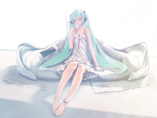 Anime picture 1432x1074 with vocaloid last night good night (vocaloid) hatsune miku redjuice single sitting twintails bare shoulders blue hair bent knee (knees) barefoot arm support bare legs girl dress white dress headphones cup teacup