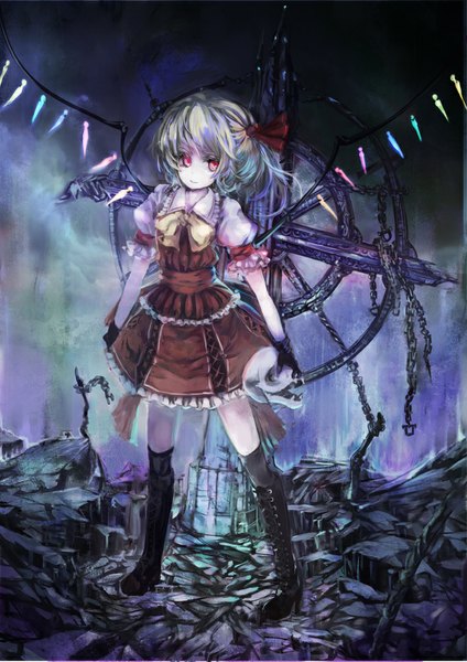 Anime picture 707x1000 with touhou flandre scarlet childofa single tall image short hair blonde hair smile red eyes looking away one side up lacing girl thighhighs gloves bow black thighhighs hair bow wings black gloves