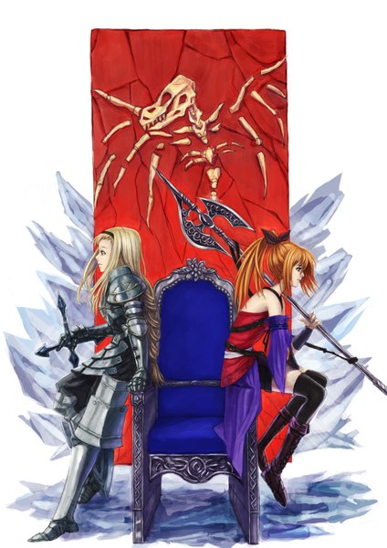Anime picture 2894x4093 with original cocoroten long hair tall image highres blonde hair sitting multiple girls ponytail profile orange hair back to back skeleton girl thighhighs weapon 2 girls detached sleeves boots armor