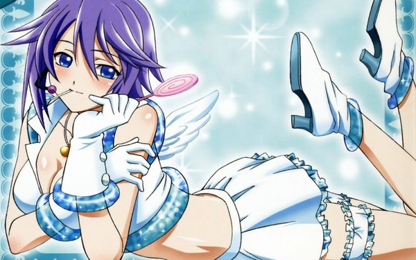 Anime picture 1920x1201 with rosario+vampire shirayuki mizore single looking at viewer blush highres short hair blue eyes smile wide image bare shoulders cleavage purple hair bare belly sparkle on stomach chin rest girl skirt gloves