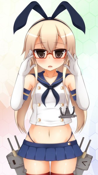 Anime picture 1235x2205 with kantai collection shimakaze destroyer rensouhou-chan zack (haiuinndo) single long hair tall image looking at viewer blush blonde hair black eyes midriff girl skirt gloves navel bow hair bow miniskirt glasses