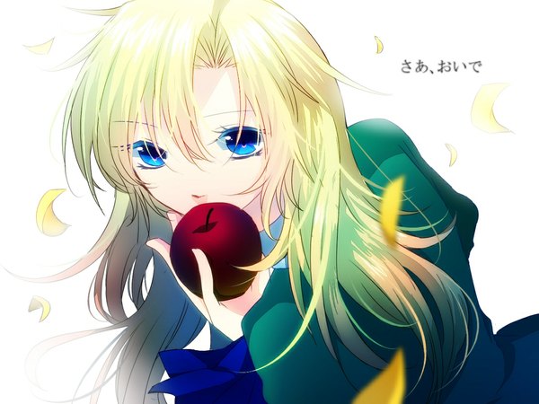 Anime picture 1120x840 with ib (game) mary (ib) single long hair looking at viewer blue eyes simple background blonde hair white background girl petals apple
