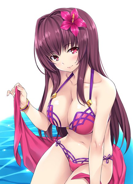 Anime picture 1300x1794 with fate (series) fate/grand order scathach (fate) (all) scathach (swimsuit assassin) (fate) mizuhara yuu single long hair tall image looking at viewer blush fringe breasts light erotic large breasts white background sitting purple hair pink eyes hair flower light smile