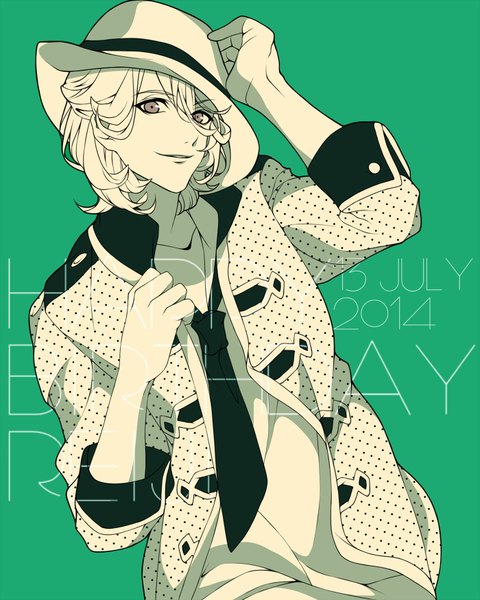 Anime picture 700x875 with uta no prince-sama a-1 pictures kotobuki reiji myua single tall image looking at viewer short hair simple background smile grey eyes monochrome hand on head happy birthday green background boy hat necktie