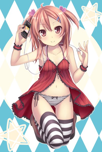 Anime picture 700x1035 with original ryo (botugo) single tall image looking at viewer blush short hair light erotic smile red eyes brown hair two side up underwear only ass visible through thighs girl thighhighs navel underwear panties headphones