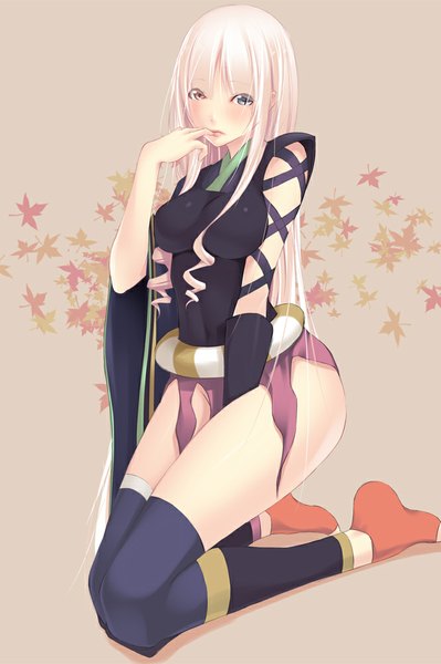 Anime picture 665x1000 with katanagatari white fox togame shokuyou mogura single long hair tall image looking at viewer blush light erotic white hair heterochromia finger to mouth girl thighhighs dress leaf (leaves)