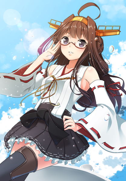 Anime picture 1196x1721 with kantai collection kongou battleship nigiriushi single long hair tall image looking at viewer blush fringe brown hair standing purple eyes bare shoulders sky cloud (clouds) ahoge long sleeves pleated skirt sunlight wide sleeves