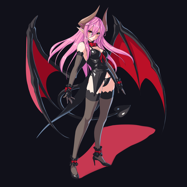 Anime picture 3000x3000 with original bochi (pixiv id392759) single long hair looking at viewer blush fringe highres light erotic simple background red eyes pink hair tail horn (horns) pointy ears high heels black background demon girl demon tail demon wings