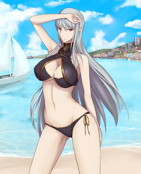 Anime picture 819x1013 with valkyria chronicles selvaria bles massive kagawa single long hair tall image looking at viewer breasts light erotic red eyes standing bare shoulders sky cleavage silver hair cloud (clouds) thighs beach girl swimsuit