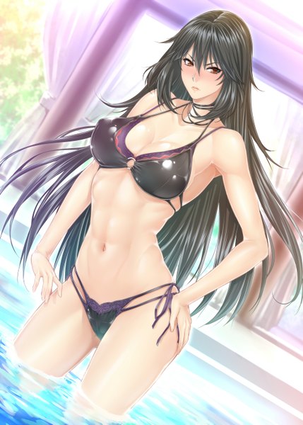 Anime picture 1000x1399 with infinite stratos 8bit orimura chifuyu zucchini single long hair tall image blush breasts light erotic black hair red eyes large breasts standing indoors embarrassed hand on hip shiny skin partially submerged girl
