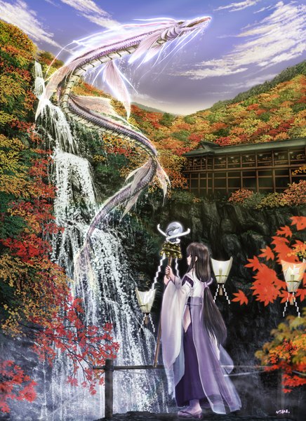 Anime picture 1488x2048 with original ntake toukasaien single long hair tall image sky cloud (clouds) japanese clothes autumn waterfall girl water leaf (leaves) staff dragon
