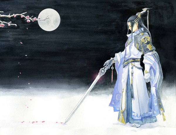 Anime picture 3510x2694 with jian xia qing yuan jian xia qing yuan online 3 chun yang (jian wang 3) roverming single long hair highres black hair standing holding absurdres eyes closed traditional clothes japanese clothes night chinese clothes traditional media watercolor (medium) boy weapon