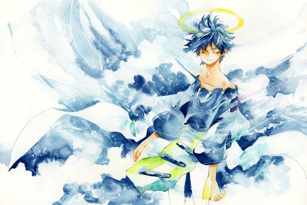Anime picture 1328x889 with houshin engi fugen shinjin single short hair standing blue hair sky cloud (clouds) eyes closed light smile wind boy sea halo