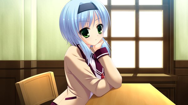 Anime picture 1024x576 with nekoguri (game) short hair wide image green eyes blue hair game cg girl serafuku window
