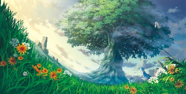 Anime picture 2384x1207 with original dontakku single highres short hair wide image sky silver hair cloud (clouds) back landscape girl flower (flowers) plant (plants) animal tree (trees) grass sundress stone (stones)