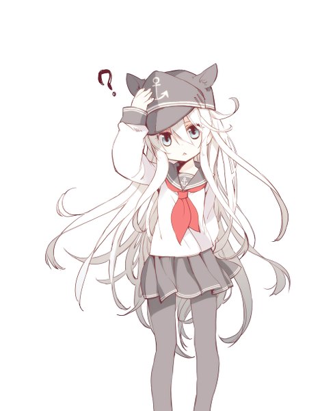 Anime picture 1000x1233 with kantai collection hibiki destroyer nanayon single long hair tall image looking at viewer blue eyes simple background white background animal ears white hair pleated skirt cat ears hand on head kemonomimi mode :< ? girl skirt