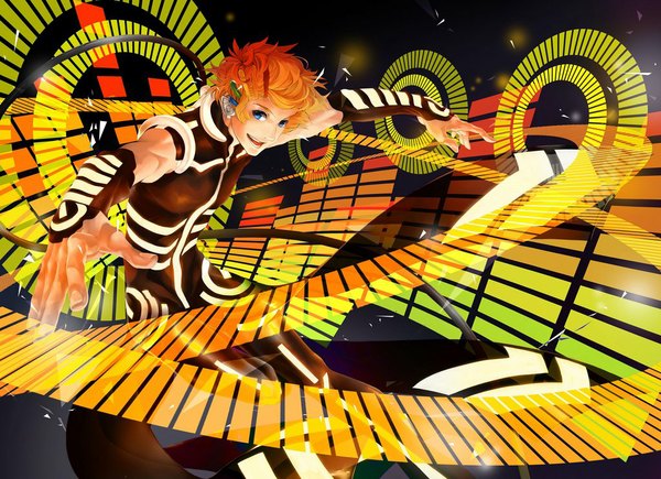 Anime picture 1024x744 with original skyfinder single looking at viewer short hair open mouth blue eyes smile orange hair dark background spread arms boy hair ornament hairclip fingerless gloves speakers keyboard (instrument) keys