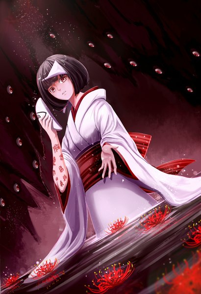 Anime picture 966x1413 with noragami studio bones nora (noragami) retirekid single tall image looking at viewer short hair black hair standing holding traditional clothes japanese clothes from below orange eyes outstretched hand eyes body writing girl flower (flowers)