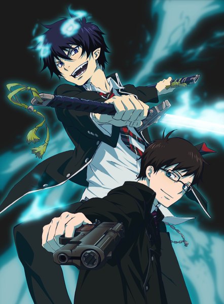 Anime picture 3956x5373 with ao no exorcist a-1 pictures okumura rin okumura yukio tall image looking at viewer highres short hair open mouth blue eyes black hair smile absurdres pointy ears multiple boys teeth glowing sharp teeth boy uniform