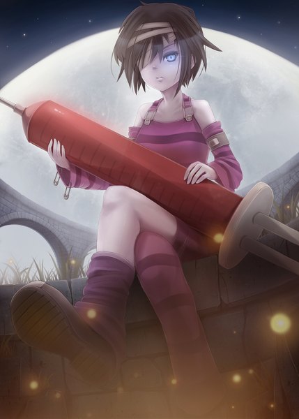 Anime picture 1250x1749 with sunimu single tall image looking at viewer short hair blue eyes brown hair sitting bare shoulders holding long sleeves night from below night sky bandage over one eye girl thighhighs detached sleeves insect moon