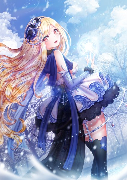 Anime picture 800x1132 with original ming (applem7) single tall image looking at viewer open mouth blonde hair sky cloud (clouds) orange eyes girl thighhighs dress hair ornament black thighhighs detached sleeves