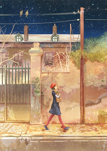 Anime picture 708x1000 with original gemi single tall image short hair brown hair brown eyes looking away sky night smoke walking girl dress plant (plants) animal pantyhose tree (trees) shoes bird (birds)