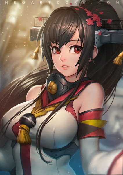 Anime picture 800x1132 with kantai collection yamato super battleship nudtawut thongmai single long hair tall image breasts black hair red eyes large breasts looking away ponytail traditional clothes japanese clothes lips realistic watermark girl headdress
