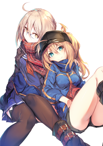 Anime picture 1000x1414 with fate (series) fate/grand order artoria pendragon (all) mysterious heroine x (alter) (fate) mysterious heroine x (fate) mysterious heroine x alter (first ascension) (fate) fal maro long hair tall image fringe light erotic blonde hair simple background hair between eyes white background sitting multiple girls yellow eyes ahoge aqua eyes