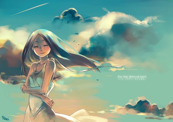 Anime picture 1600x1131 with original pixiv coralstone single long hair blush blonde hair smile signed sky cloud (clouds) eyes closed wind happy crossed arms girl sundress