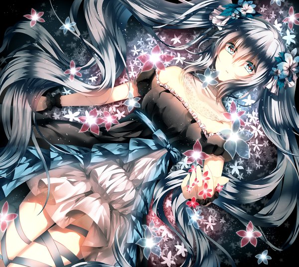 Anime picture 2000x1792 with vocaloid hatsune miku kuga huna single looking at viewer highres twintails lying very long hair hair flower aqua eyes from above aqua hair on back girl dress hair ornament flower (flowers) ribbon (ribbons)