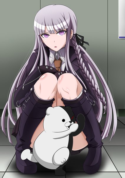 Anime picture 1446x2046 with dangan ronpa kirigiri kyouko monokuma sho-chan single long hair tall image looking at viewer open mouth light erotic purple eyes purple hair braid (braids) girl skirt gloves miniskirt jacket boots