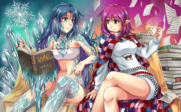 Anime picture 1444x900 with original arseniquez long hair short hair smile red eyes wide image sitting multiple girls blue hair pink hair aqua eyes pointy ears crossed legs snowing winter girl navel 2 girls book (books)