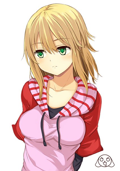 Anime picture 600x849 with original mahcdai single tall image blush fringe short hair breasts blonde hair simple background white background green eyes looking away head tilt hands behind back girl