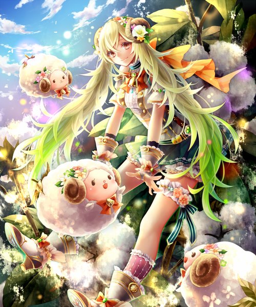 Anime picture 800x960 with shingoku no valhalla gate original haruta (pixiv 1088207) single tall image looking at viewer smile red eyes sky cloud (clouds) very long hair hair flower horn (horns) green hair girl dress hair ornament flower (flowers) plant (plants) frills