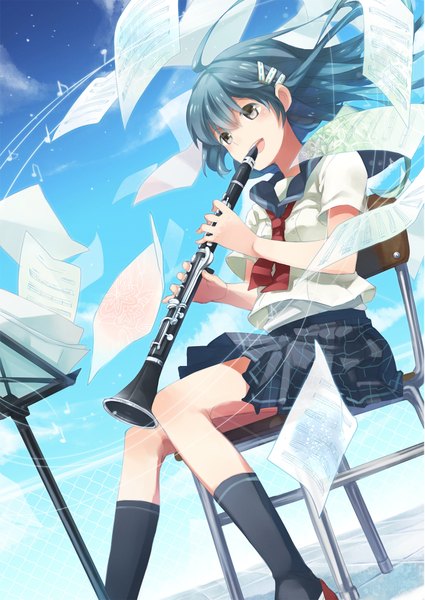 Anime picture 1417x2000 with original asahikawa hiyori single tall image short hair black hair brown eyes music girl serafuku chair musical instrument paper clarinet