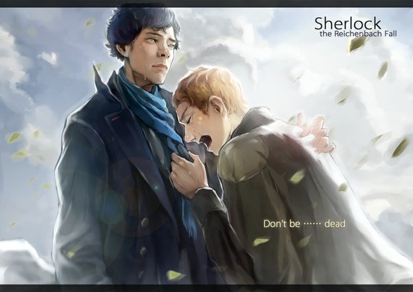 Anime picture 1140x807 with sherlock holmes (series) sherlock (bbc) sherlock holmes sherlock holmes (sherlock) john hamish watson tennen short hair open mouth black hair brown hair cloud (clouds) inscription tears text english crying boy scarf leaf (leaves) coat
