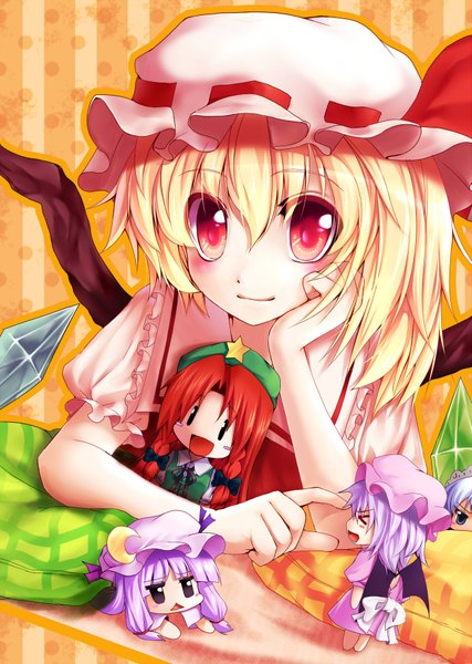 Anime picture 1291x1816 with touhou flandre scarlet remilia scarlet izayoi sakuya patchouli knowledge hong meiling ryuushou tall image looking at viewer blush short hair blonde hair red eyes light smile chibi head rest solid eyes girl wings pillow