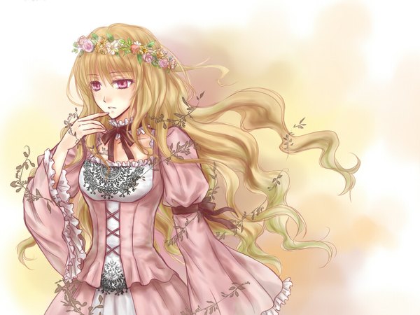 Anime picture 1024x768 with original hitoha single long hair blush blonde hair standing pink eyes wind finger to mouth wavy hair girl dress flower (flowers) plant (plants) frills wreath