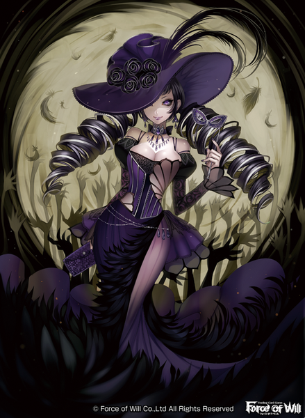 Anime picture 600x820 with original matsurika youko single long hair tall image looking at viewer black hair purple eyes drill hair dark background girl dress flower (flowers) hat corset