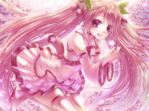 Anime picture 1600x1200 with vocaloid hatsune miku sakura miku kurone kuroneko single long hair blush open mouth red eyes twintails pink hair cherry blossoms girl detached sleeves necktie food thigh boots berry (berries) cherry