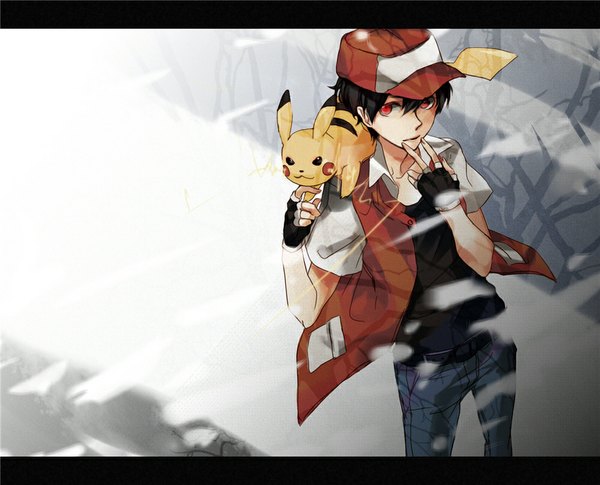 Anime picture 1000x809 with pokemon nintendo pikachu red (pokemon) michi (iawei) single looking at viewer fringe short hair black hair red eyes standing from above looking up gen 1 pokemon boy gloves hat belt fingerless gloves