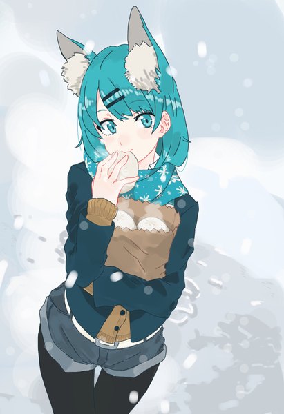 Anime picture 1240x1807 with original eir (machi) machi (wm) single long hair tall image looking at viewer blush fringe smile standing holding animal ears aqua eyes from above aqua hair fox ears thigh gap fox girl snowing