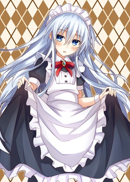 Anime picture 2590x3624 with kantai collection hibiki destroyer komori kuzuyu single long hair tall image looking at viewer blush fringe highres open mouth blue eyes hair between eyes standing holding silver hair head tilt short sleeves maid alternate costume