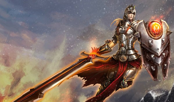 Anime picture 1215x717 with league of legends leona (league of legends) single long hair blonde hair wide image snowing winter snow girl gloves weapon sword armor shield