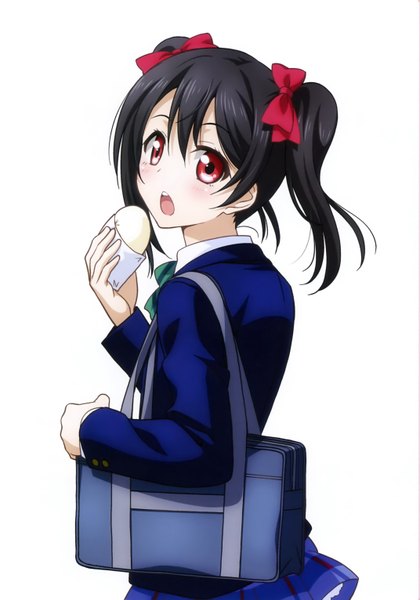 Anime picture 2142x3063 with love live! school idol project sunrise (studio) love live! yazawa nico inou shin single tall image highres short hair open mouth black hair simple background red eyes white background twintails looking back scan eating girl uniform