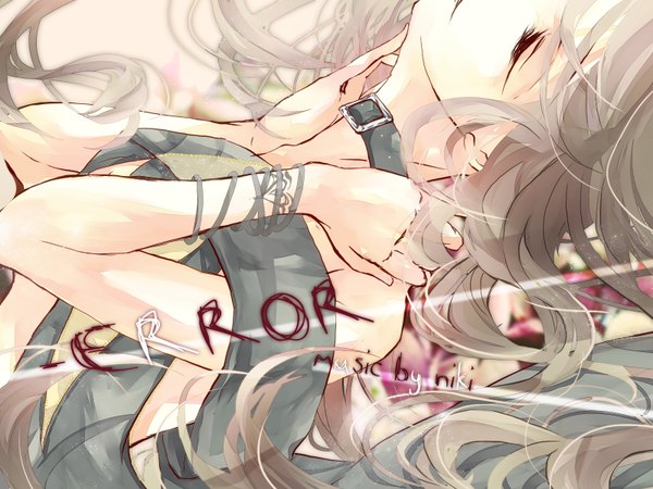 Anime picture 1600x1200 with vocaloid lily (vocaloid) kansou single long hair brown hair bare shoulders eyes closed wind inscription tattoo face girl heart collar
