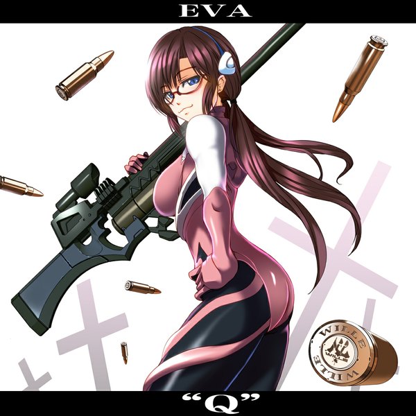 Anime picture 1000x1000 with neon genesis evangelion gainax makinami mari illustrious kakizaka hachishika single long hair looking at viewer blue eyes light erotic smile twintails ass red hair hand on hip low twintails weapon over shoulder girl ribbon (ribbons) weapon glasses
