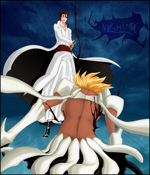 Anime picture 1203x1400 with bleach studio pierrot aizen sousuke tia harribel dark-nyghtmare long hair tall image short hair blonde hair brown hair brown eyes sky cloud (clouds) japanese clothes coloring back espada girl boy weapon